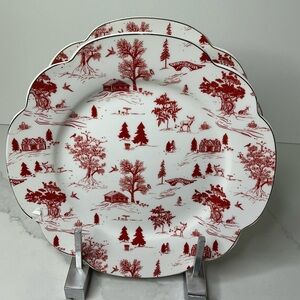 Grace Teaware 2 Salad PlatesWinter Village Red  9.25" Toile Scallop Gold Trim